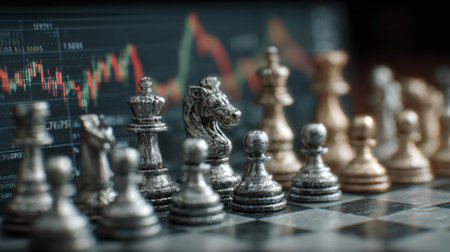 Intricate chess pieces crafted from silver and gold are arranged on a checkered board. Behind them, stock market graphs illustrate fluctuating trends, creating a blend of strategy and finance.の素材