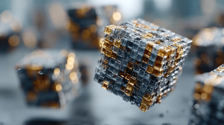 A cube with gold and black colors is floating in the air. The cube is surrounded by other cubes of different colors and sizes. Concept of creativity and imaginationの素材