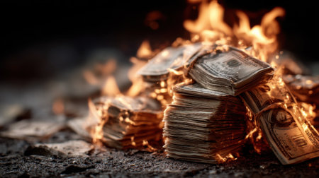 Stacks of cash burn brightly, sending flames and smoke into the night sky. The scene evokes a stark display of financial loss and the consequences of excess.の素材