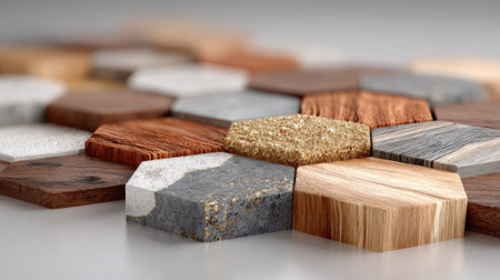 A collection of hexagonal tiles made of wood and stone. The tiles are arranged in a pattern that creates a sense of depth and texture. Scene is warm and invitingの素材