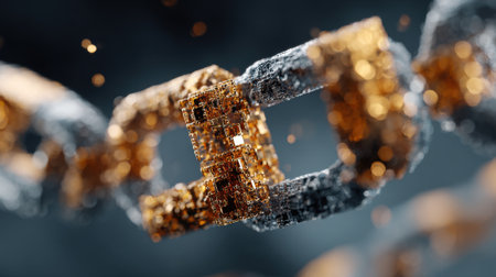 A chain of gold and silver links with a gold and silver square in the middle. The chain is made of small squares and is very detailedの素材