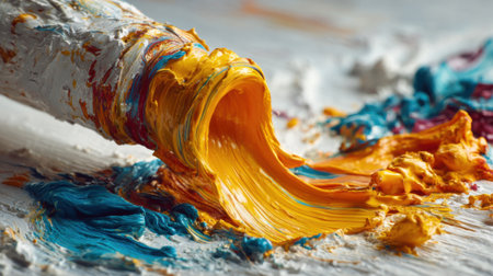 Vivid yellow and blue paint flow from an open tube onto a textured surface in an artist's studio, showing the chaotic beauty of creativity and expression.の素材