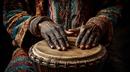 Hands of a skilled performer skillfully strike a traditional drum, showcasing their artistry and connection to cultural music during a lively gathering filled with rich patterns and colors.の素材