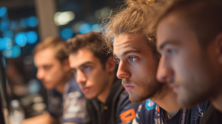 Four gamers are engrossed in their screens while participating in a multiplayer gaming tournament. The atmosphere is intense and competitive as they work to win.の素材