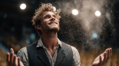 A man with tousled hair smiles widely, tossing flour into the air in an indoor performance space. The atmosphere is filled with excitement and creativity during the rehearsal.の素材