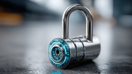 A futuristic padlock sits on a polished surface, featuring a digital dial with blue glowing elements, highlighting advancements in security technology. The background is blurred, emphasizing the lock.の素材