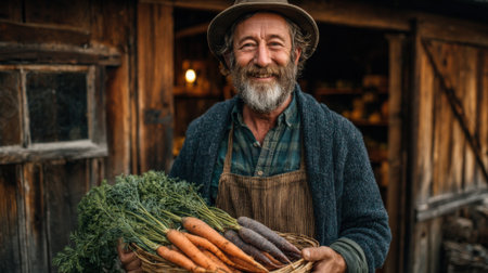 A farmer with a gray beard stands outside a wooden barn, proudly holding a basket filled with colorful carrots. The scene captures the joy of harvest and rural life during daytime.の素材