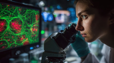 A researcher focuses intently on a microscope screen displaying vibrant green and red cell cultures while working in a high-tech laboratory in the evening.の素材
