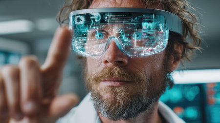A researcher in a lab focuses intently while wearing augmented reality glasses. His expression shows curiosity as he interacts with digital data projected within the lenses, enhancing his study.の素材