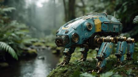 A robotic creature with an intricate design navigates through a dense forest filled with vibrant green foliage.の素材