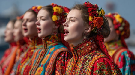 A group of women dressed in vibrant traditional costumes sings passionately during a cultural festival by the water, surrounded by a clear blue sky, showcasing their heritage.の素材