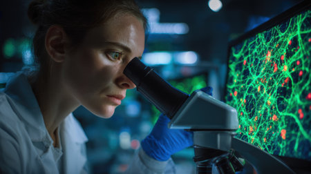 A researcher focuses intently on a microscope, analyzing complex cellular structures displayed on computer screens in a modern lab during evening hours.の素材
