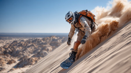 A snowboarder skillfully glides down a sandy dune, creating a spray of sand while enjoying the warm sun in a breathtaking desert environment surrounded by unique rock formations.の素材