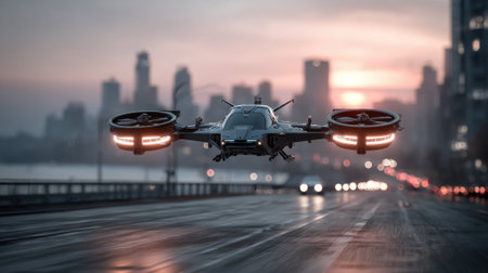 A modern drone navigates the urban landscape, soaring over a road illuminated by city lights as the sun sets in the background, creating a vibrant contrast.の素材