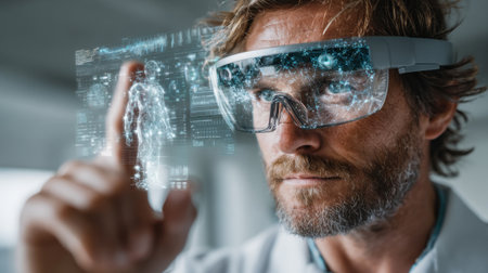 A scientist is engaged in high-tech research, wearing augmented reality glasses that display holographic data. The futuristic highlights environment advanced technology and innovation in the lab.の素材
