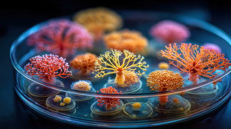 Vibrant coral-like structures thrive in petri dishes, showcasing an array of colors and forms. The delicate details highlight the beauty of these micro marine organisms in a lab setting.の素材