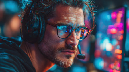 A dedicated gamer competes in an esports tournament, wearing headphones and glasses while staring intently at multiple monitors, surrounded by a lively atmosphere in the gaming arena.の素材