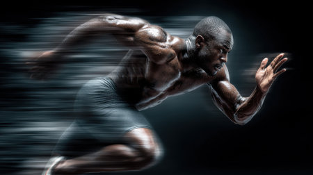 A male athlete sprints forward with intensity, muscles glistening under bright lights. The blurred background emphasizes his impressive speed, creating a dramatic effect.の素材