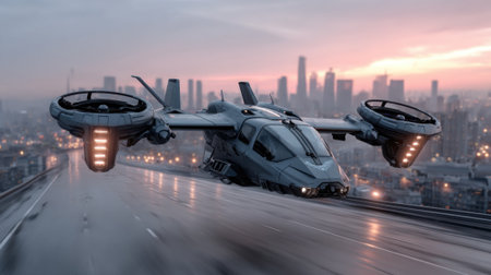 Futuristic flying vehicle soars above a vibrant city skyline at dawn, showcasing advanced technology against the backdrop of a rising sun and urban structures.の素材