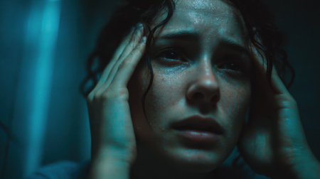 A woman sits in a dark, confined space, visibly distressed and overwhelmed. Her hands grip her head as beads of sweat form on her forehead in a moment of intense emotional struggle.の素材