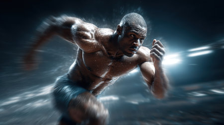 A muscular athlete accelerates down a track, showcasing determination and speed against a backdrop of vibrant lights. The cool night air adds intensity to the competition.の素材