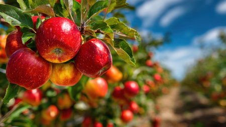 Clusters of vibrant red apples dangle from green branches in an orchard under a clear blue sky. It's a bright day perfect for apple picking and enjoying nature's bounty.の素材