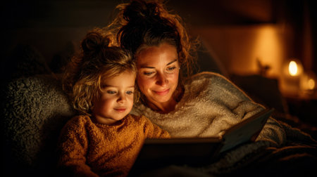 A mother and her young child sit close together, enjoying a storybook under soft, warm lighting. They share smiles and moments of connection, wrapped in blankets.の素材