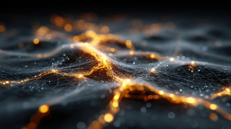 Intricate network of glowing particles forms a dynamic, flowing pattern against a dark backdrop, evoking a sense of digital energy and connectivity in motion.の素材