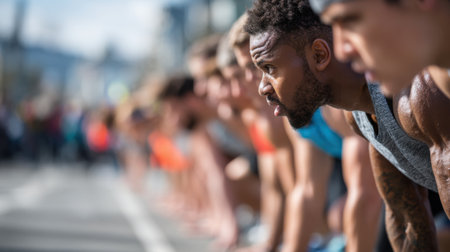 Runners focus intently at the starting line during an urban marathon. The sun shines brightly as they prepare to compete, showcasing determination and athleticism.の素材