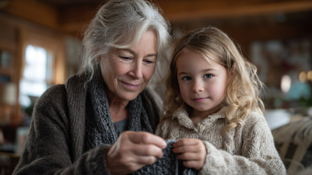 A warm scene unfolds as an elderly woman demonstrates knitting techniques to a young girl in a rustic living room. The ambiance reflects a nurturing bond during a chilly winter day.の素材