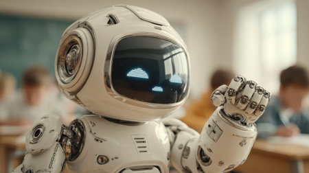 A friendly robot engages with children in a classroom filled with desks and eager learners. The atmosphere is focused on education and innovative technology enhancing learning experiences.の素材