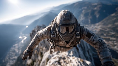 A skilled skydiver in tactical gear descends rapidly through the air, showing precision and adrenaline. The stunning backdrop features rugged mountains and a clear blue sky.の素材