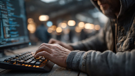 A concentrated individual is typing on a keyboard while seated at a wooden desk. The background is filled with blurred figures and warm lighting, creating a lively atmosphere.の素材