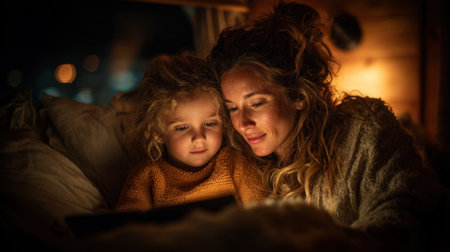 A mother and her young child snuggle together in a cozy cabin, focusing intently on a tablet screen. The warm glow of the surroundings enhances their intimate bond in the late evening.の素材