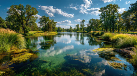 A peaceful lake reflects the blue sky and white clouds. Surrounding trees and grasses create a lush environment, inviting visitors to relax and enjoy nature's beauty.の素材