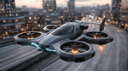 A sleek flying vehicle suspends in the air near a bustling urban area as the sun sets. Bright lights illuminate the scene, showcasing modern architecture and a vibrant horizon.の素材