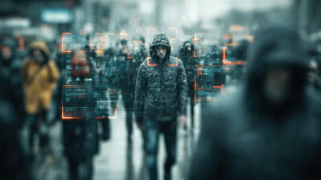 Members of a crowd walk through a city street on a rainy day, with digital overlays appearing on their figures, showing advanced surveillance capabilities and technology integration.の素材