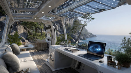 A sleek interior of a workspace blends seamlessly with nature, featuring large windows revealing breathtaking views of the ocean and lush greenery. Solar panels provide eco-friendly energy.の素材