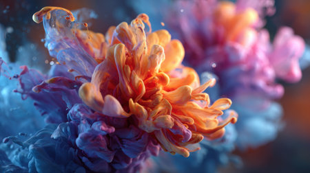 Swirling colors create the appearance of blooming flowers, showing vibrant shades of orange, pink, and blue. The dynamic movement adds depth to this abstract artwork, captivating the viewer.の素材