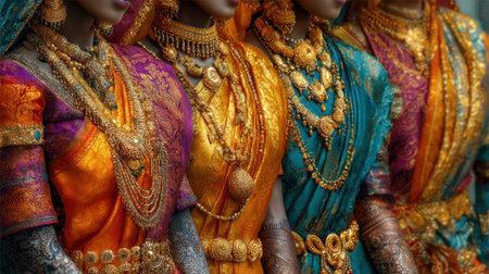 Women dressed in intricate traditional garments showcase vibrant colors and elaborate jewelry at a cultural festival in India. The celebration highlights rich heritage and artistry.の素材