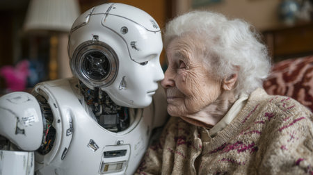 In a warm living room, an elderly woman enjoys a close interaction with a humanoid robot. The soft light enhances the emotional connection between them, highlighting companionship and technology.の素材
