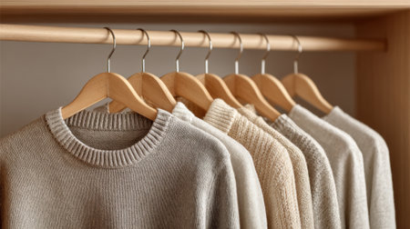 Soft, warm sweaters in various neutral colors are neatly displayed on wooden hangers inside a simple wardrobe. The arrangement emphasizes a cozy, stylish atmosphere perfect for fall.の素材