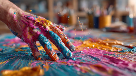 A hand covered in colorful paint interacts with a canvas, showcasing an artistic process in a well-lit studio filled with paint supplies and vibrant hues.の素材