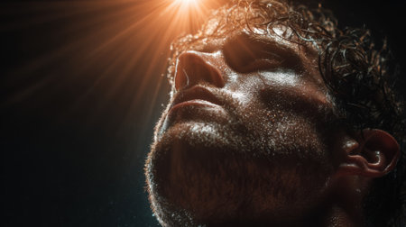 A boxer stands in an urban gym, sweat glistening on his face, eyes closed and head tilted upward as he focuses before an upcoming match. Dramatic lighting enhances the moment.の素材