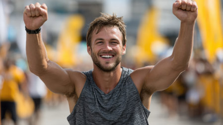A smiling man raises his arms in triumph after finishing a competitive outdoor race. Bright yellow banners and a lively crowd create an energetic atmosphere on a sunny day.の素材