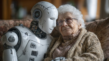 An elderly woman and a humanoid robot sit together on a cozy couch. They share a moment of affection and connection, highlighting the bond between technology and companionship.の素材