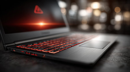 A sleek laptop with a glowing red keyboard sits on a dark textured surface. The ambient light reflects on the device, highlighting its modern design in a low-light setting.の素材