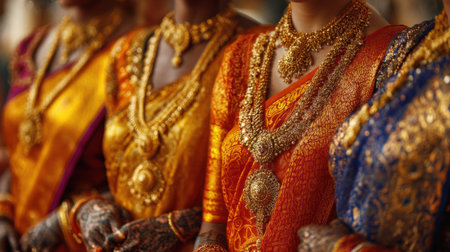 Women showcase beautiful saris in rich colors at a cultural event, adorned with intricate jewelry. The elegant attire symbolizes heritage and celebration. The atmosphere is filled with excitement.の素材