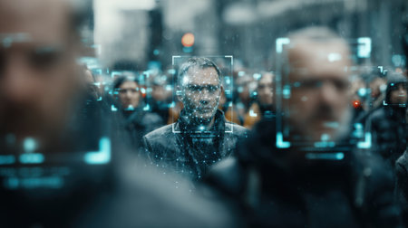 In a bustling city street, facial recognition technology scans a crowd of pedestrians. The atmosphere is urban and modern, with people dressed in winter clothing.の素材