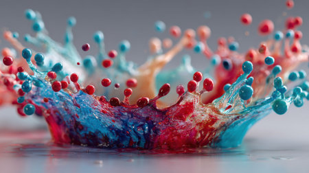 Droplets of red and blue liquid collide dramatically, forming a vivid splash pattern against a smooth surface, showing dynamic movement and color mixing.の素材